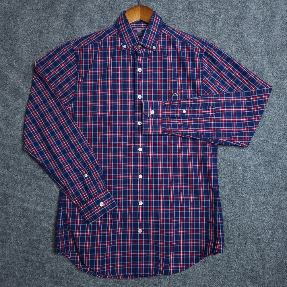 Vineyard Vines Dress Shirt Men's Small Blue Red Plaid Slim Fit Tucker Cotton - Picture 2 of 10